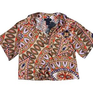 Psychedelic Print Crop Top Retro Mod Boho Abstract Collared Blouse Size Small